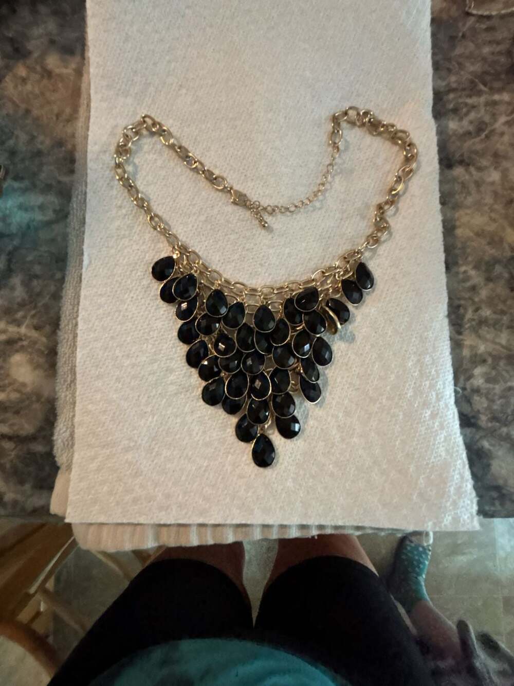 Gold Tone Metal Black Faceted Acrylic Teardrop Bead Statement Bib Necklace